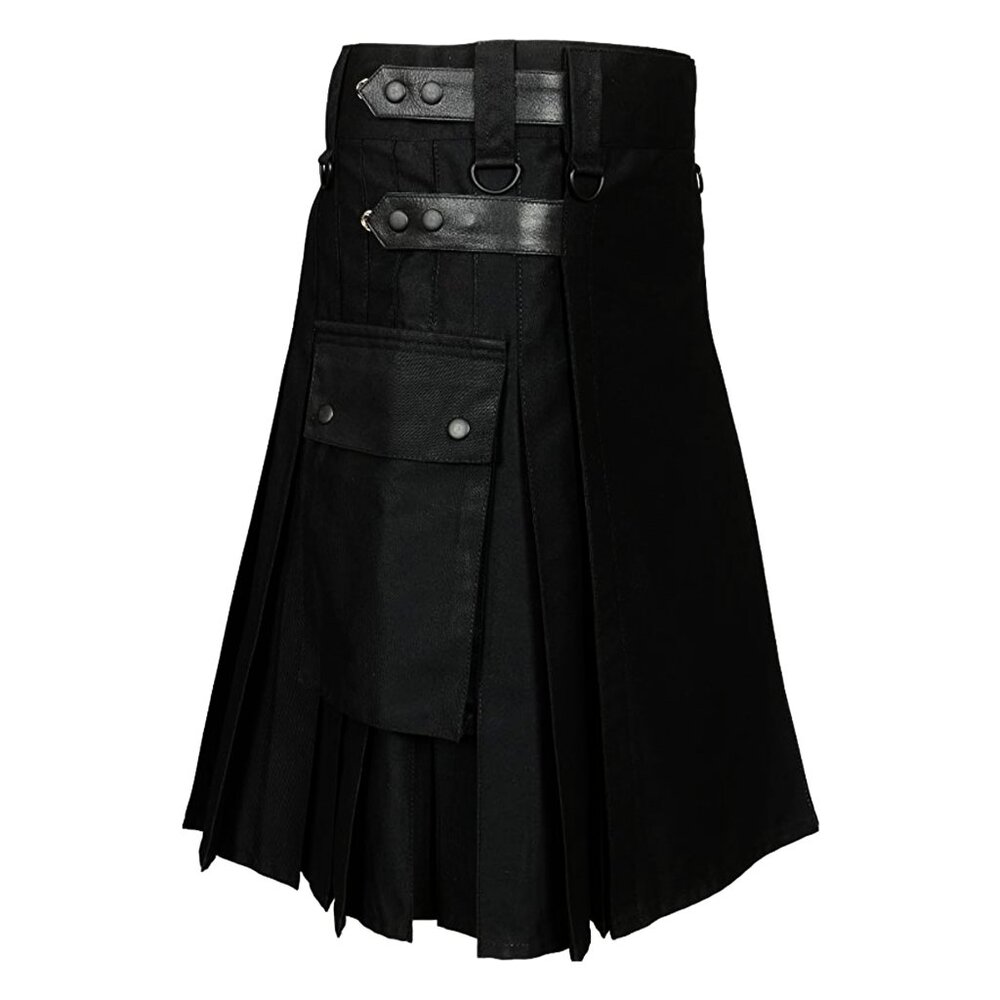 Black Utility Kilt with Adjustable Leather Straps  Traditional Men’s Wear